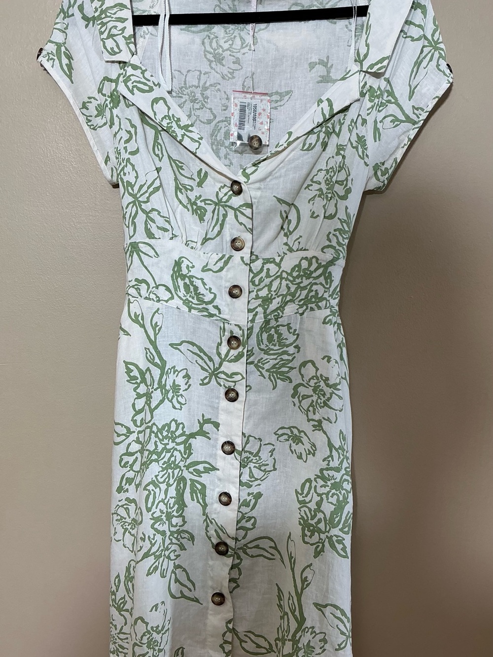 Anthropologie White Midi Dress with Green Floral Print